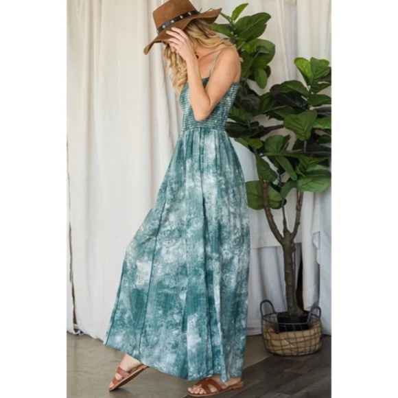 SOLD OUT Green Tie Dye Wide Palazzo Flare Leg Smocked Bohemian Casual Jumpsuit - Picture 12 of 13